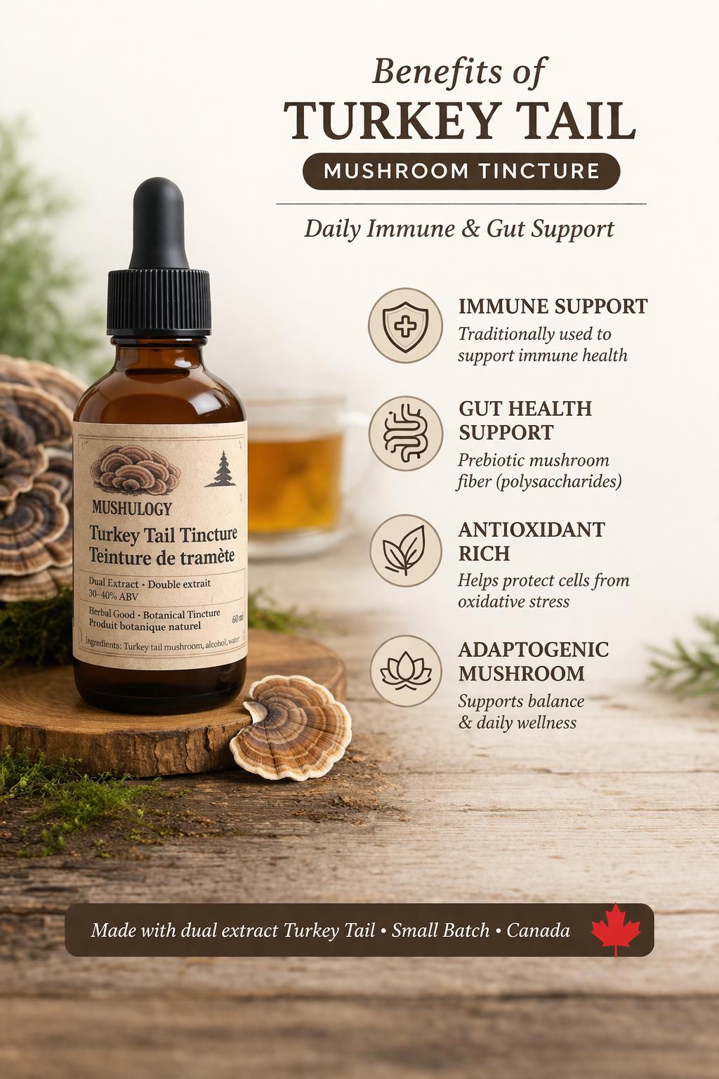 Turkey Tail Tincture Dual Extract | Immune & Gut Support | Mushroom Extract | Adaptogen | Herbal Supplement | Small Batch Canada